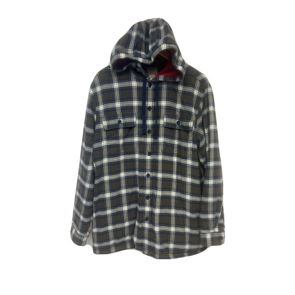 LL Bean Fleece Lined Flannel Shirt Jacket Size L Blue Grey Orange Cotton Hoodie - Picture 3 of 5